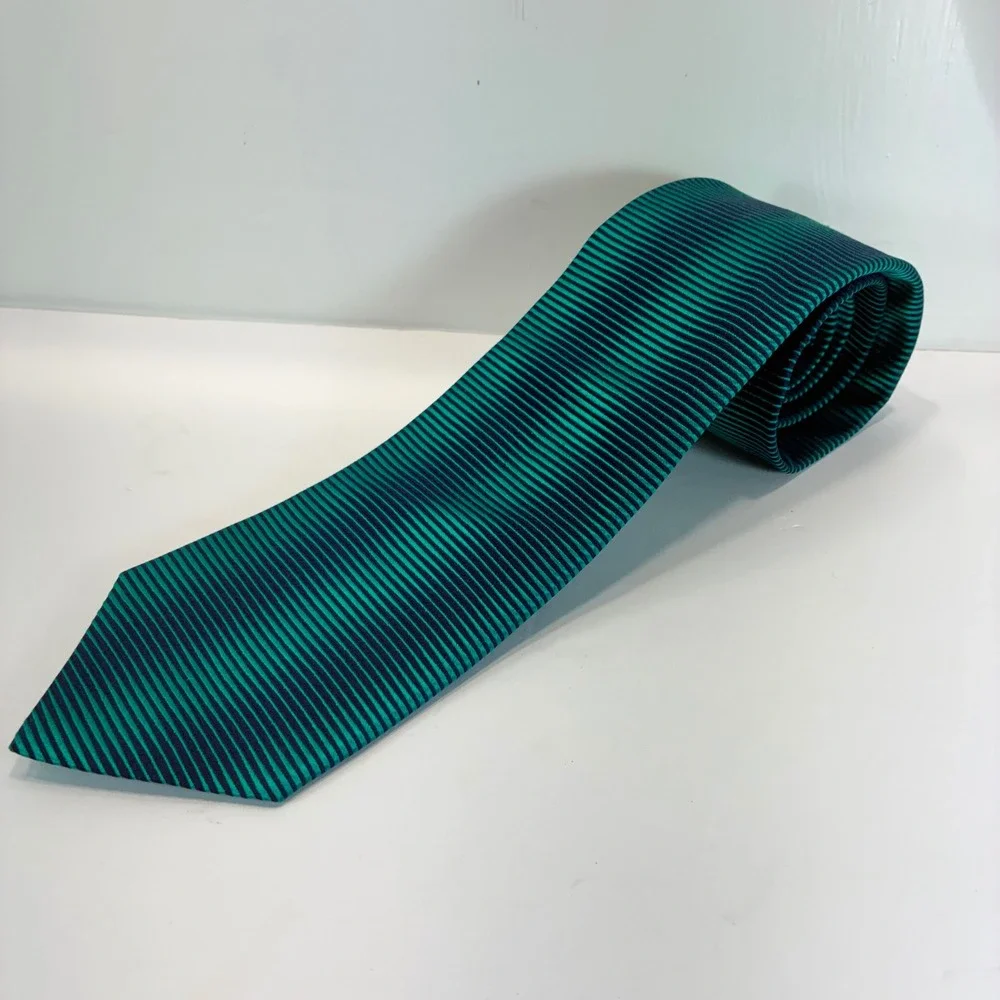 Murano Mens Silk Tie Emerald Green Navy Blue Striped Ribbed Texture USA Made